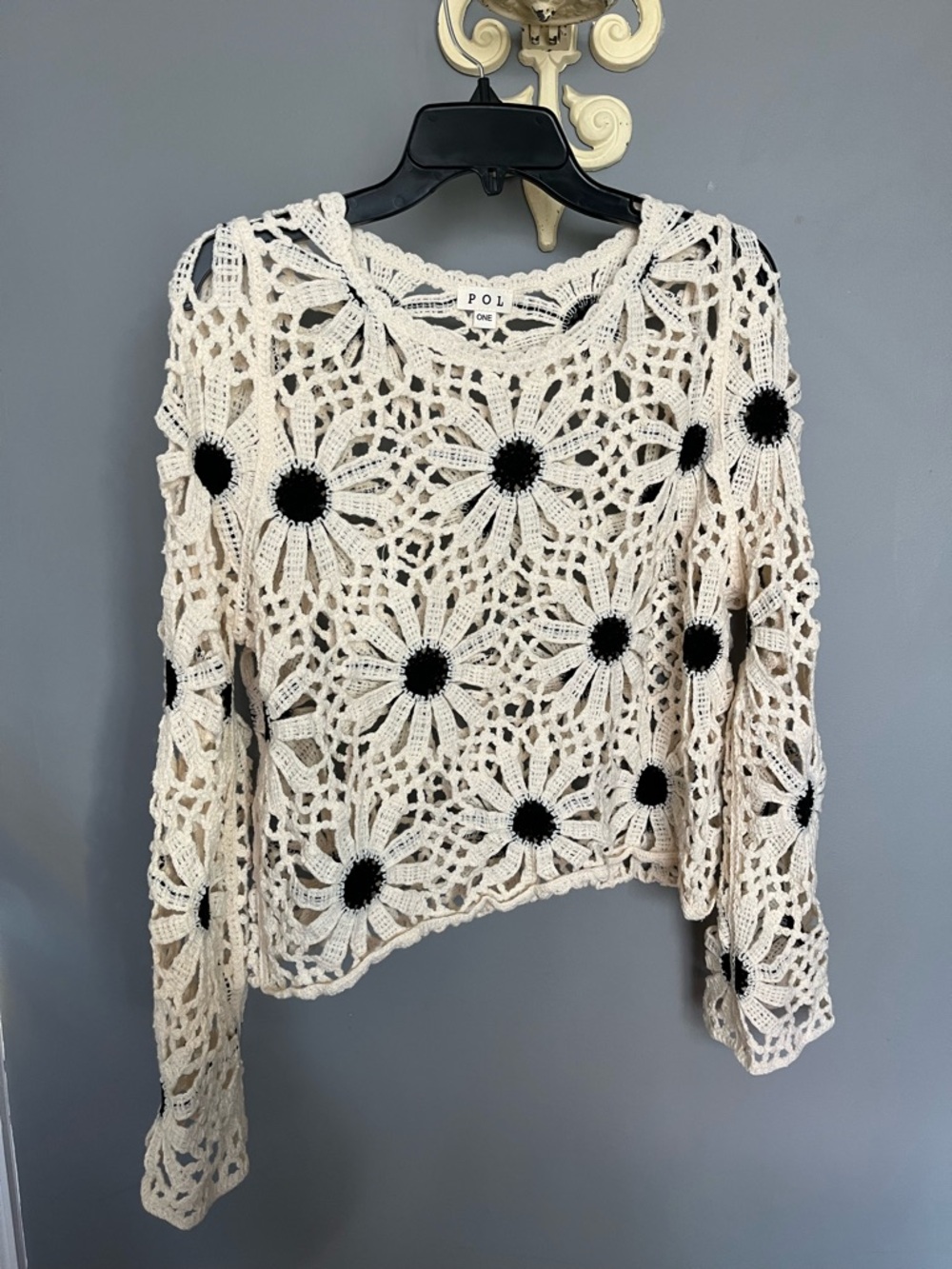 POL Cream Crochet Lace Top with Black Accents NWOT